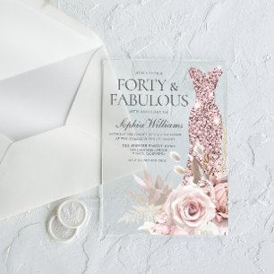 Invitaciones Acrílicas Vestido Floral Rosa Forty & Fab Cumpleaños 40