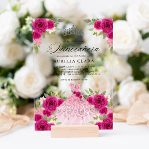 Invitaciones Acrílicas Vestido Floral Rosa Magenta Plateado 15th Quinceañ