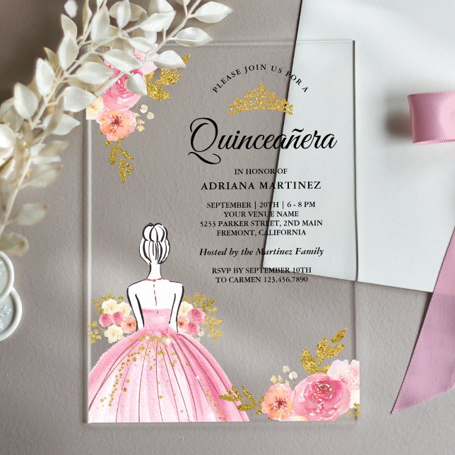 Invitaciones Acrílicas Vestido floral rosa Princesa Oro Quinceanera (Subido por el creador)