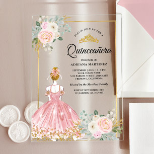 Invitaciones Acrílicas Vestido Floral Rosa Rosado Princesa Quinceañera Do
