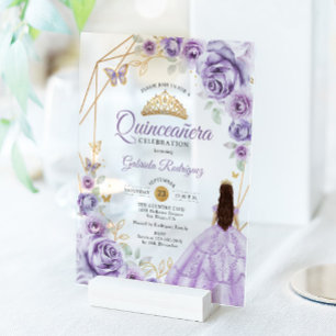Invitaciones Acrílicas Vestido Lila Púrpura Quinceañera Floral Dorado