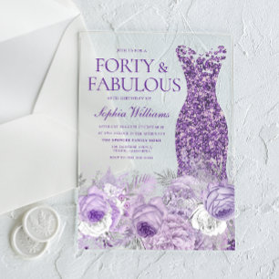 Invitaciones Acrílicas Vestido Morado Floral 40 & Fabuloso Cumpleaños 40