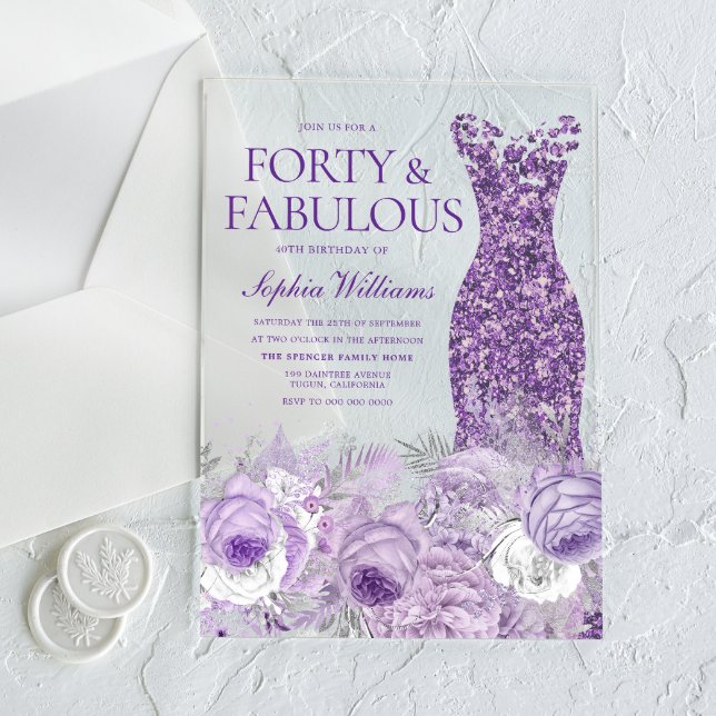 Invitaciones Acrílicas Vestido Morado Floral 40 y Fabuloso Cumpleaños 40 (Subido por el creador)