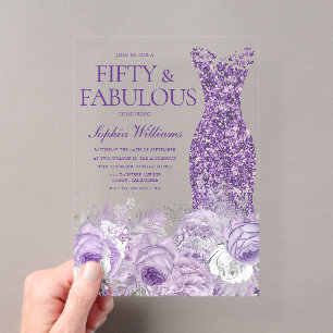 Invitaciones Acrílicas Vestido Morado Floral 50 & Fabuloso Cumpleaños 50