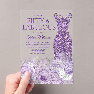 Invitaciones Acrílicas Vestido morado Floral 50 y fabuloso cumpleaños 50