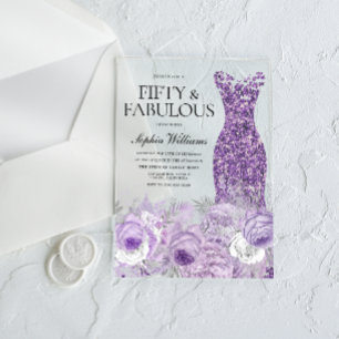 Invitaciones Acrílicas Vestido morado Floral Cincuenta y fabuloso cumplea
