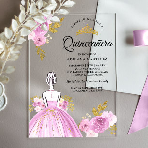 Invitaciones Acrílicas Vestido morado floral Princesa Oro Quinceanera