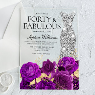 Invitaciones Acrílicas Vestido morado floral y plateado 40 Fiesta de cump