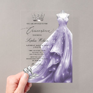 Invitaciones Acrílicas Vestido Morado Plateado Quinceañera Copos de Nieve