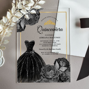 Invitaciones Acrílicas Vestido negro brillante Rosas grises Quinceañera d