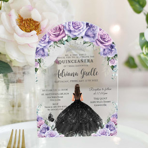 Invitaciones Acrílicas Vestido Negro Floral Lila Púrpura Quinceañera Plat