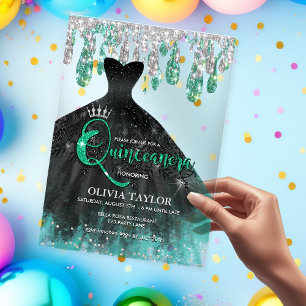 Invitaciones Acrílicas Vestido negro verde chic con gotas de cristal Quin