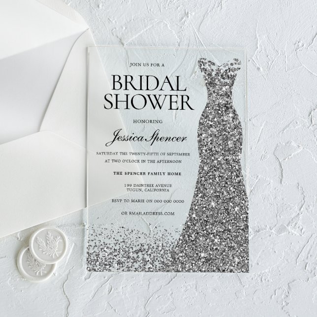 Invitaciones Acrílicas Vestido plateado Elegancia Ducha Bridal (Subido por el creador)