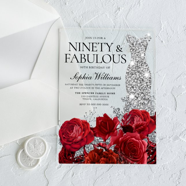 Invitaciones Acrílicas Vestido plateado Roses rojos rojos 90 cumpleaños (Subido por el creador)