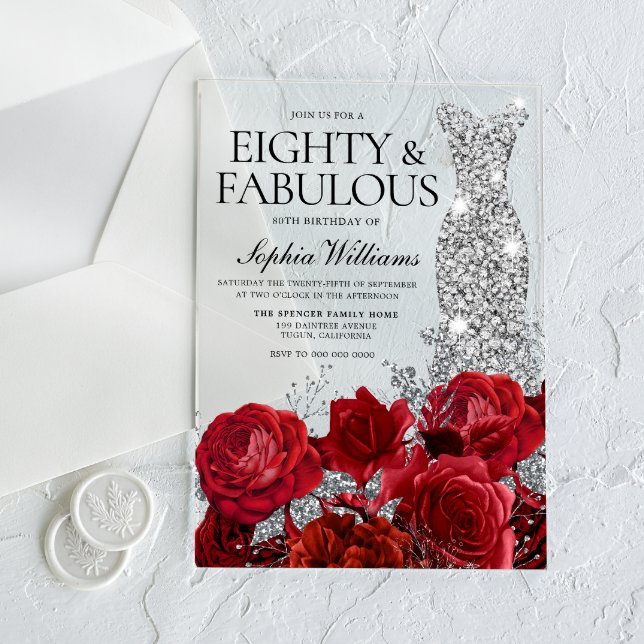 Invitaciones Acrílicas Vestido plateado vestido Roses Rojas 80 cumpleaños (Subido por el creador)