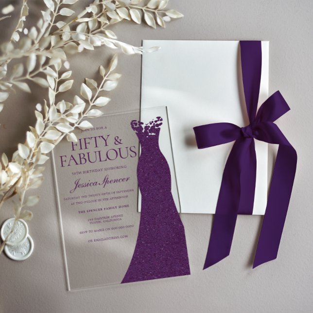 Invitaciones Acrílicas Vestido púrpura Cincuenta y fabuloso cumpleaños nú (Subido por el creador)