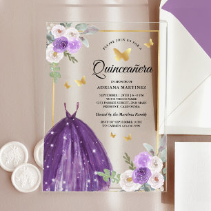 Invitaciones Acrílicas Vestido púrpura Mariposa Floral Oro Quinceanera