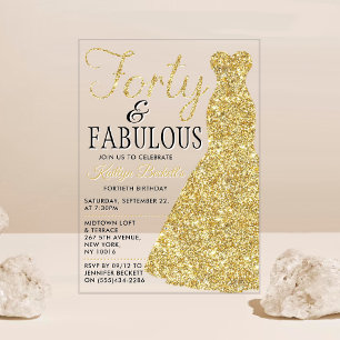 Invitaciones Acrílicas Vestido Purpurina elegante   Cuarenta y fabulosos 