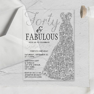 Invitaciones Acrílicas Vestido Purpurina elegante   Cuarenta y fabulosos