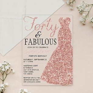 Invitaciones Acrílicas Vestido Purpurina elegante   Cuarenta y fabulosos 