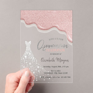 Invitaciones Acrílicas Vestido Quinceañera de diamantes con gotas de purp