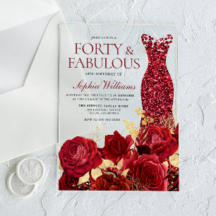 Invitaciones Acrílicas Vestido Rojo Brillo Rosas Hoja Dorada Cumpleaños 4
