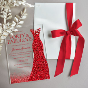 Invitaciones Acrílicas Vestido Rojo Cuarenta y Fabuloso Fiesta de cumplea