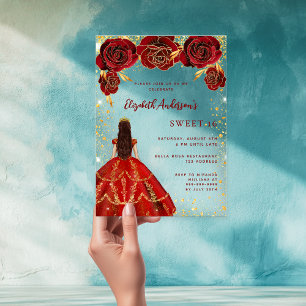 Invitaciones Acrílicas Vestido rojo flores rosas claro Sweet 16