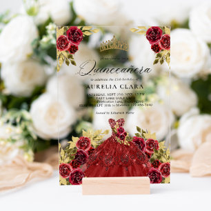 Invitaciones Acrílicas Vestido Rojo Glam Floral Acuarela 15º Quinceañera