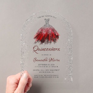 Invitaciones Acrílicas Vestido Rojo Plateado con Brillo para Fiesta de Qu