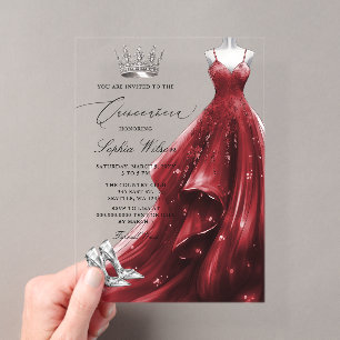 Invitaciones Acrílicas Vestido Rojo Plateado Princesa Quinceañera