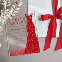 Invitaciones Acrílicas Vestido Rojo Treinta y Fabuloso Fiesta de cumpleañ