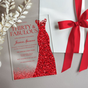 Invitaciones Acrílicas Vestido Rojo Treinta y Fabuloso Fiesta de cumpleañ