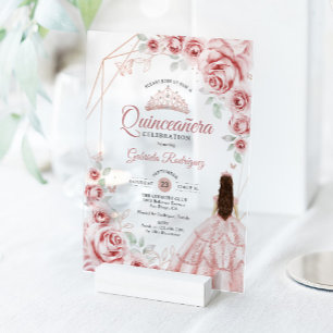 Invitaciones Acrílicas Vestido Rosa Dorado Rosa Quinceañera Floral