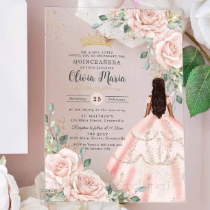 Invitaciones Acrílicas Vestido rosa floral de Rubor Princess Gown Quincea