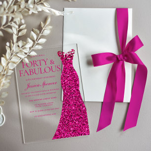 Invitaciones Acrílicas Vestido Rosa Impresionante Cumpleaños 40