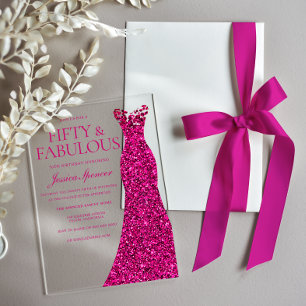 Invitaciones Acrílicas Vestido Rosa Impresionante Cumpleaños 50 Fiesta