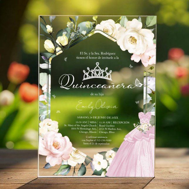 Invitaciones Acrílicas Vestido rosa Mariposa Floral Quinceañera español (Subido por el creador)