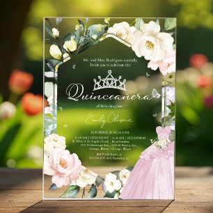 Invitaciones Acrílicas Vestido rosa Mariposa Marco Floral Quinceañera