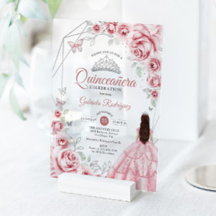 Invitaciones Acrílicas Vestido Rosa Plateado Quinceañera Floral
