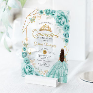 Invitaciones Acrílicas Vestido Turquesa Quinceañera Floral Oro