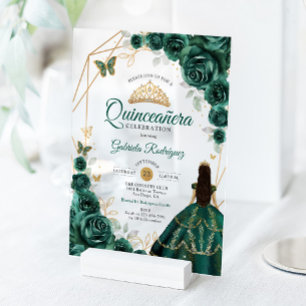 Invitaciones Acrílicas Vestido Verde Esmeralda para Quinceañera Dorado