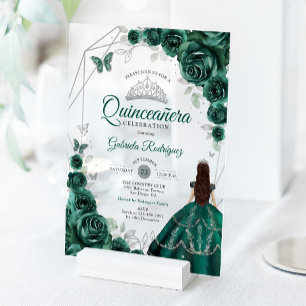 Invitaciones Acrílicas Vestido Verde Esmeralda Quinceañera Plata