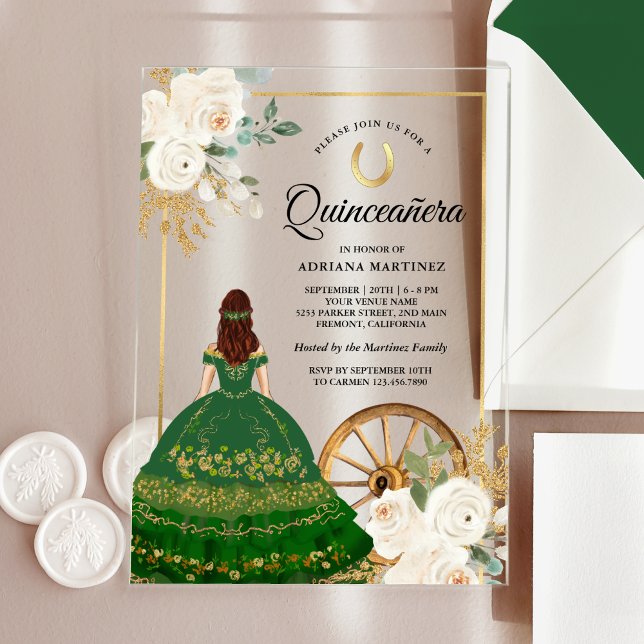 Invitaciones Acrílicas Vestido verde marfileño Charro Oro Quinceanera (Subido por el creador)