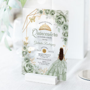 Invitaciones Acrílicas Vestido Verde Sage Quinceañera Floral Oro