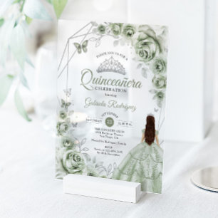 Invitaciones Acrílicas Vestido Verde Sage Quinceañera Floral Plateado