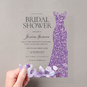 Invitaciones Acrílicas Vestido violeta de lavanda púrpura ducha de novia