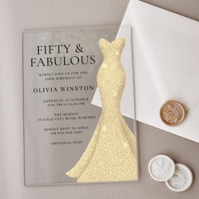 Invitaciones Acrílicas Vestidos de oro Mujeres 50 cumpleaños (Subido por el creador)