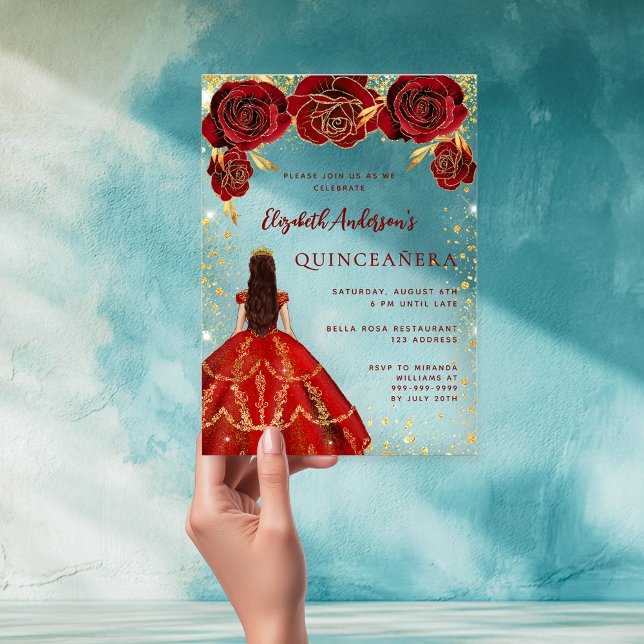 Invitaciones Acrílicas Vestidos de oro rojo florines rosas limpian Quince (Subido por el creador)