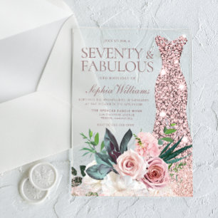 Invitaciones Acrílicas Vestir y Rubor Floral Femenina 70 cumpleaños